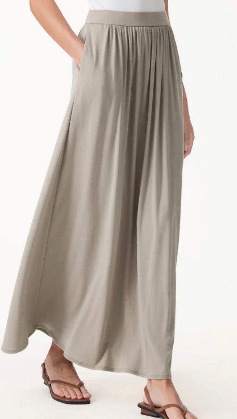 OGL Tencel-Linen Soft Linen Knit Gathered A-Line Maxi Skirt with Pockets Large